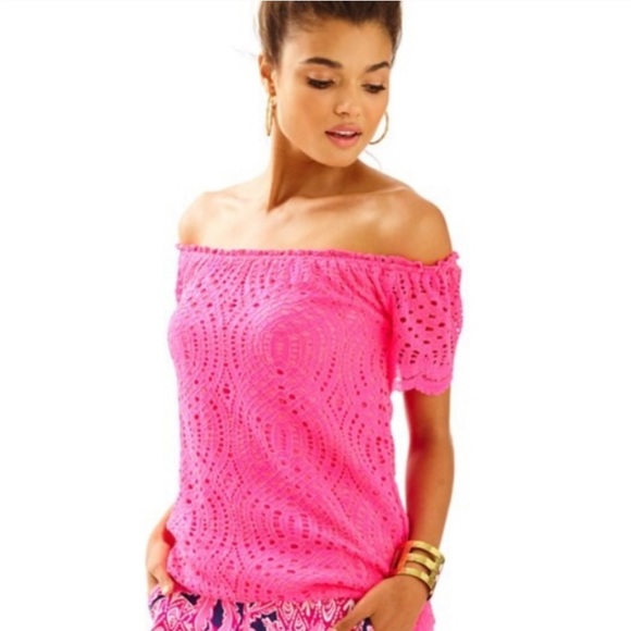 Lilly Pulitzer Pink Off the Shoulder Pink Top, Size Large - Picture 1 of 4